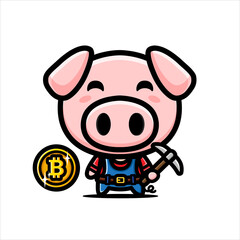 vector design of cute pig cartoon character as a miner holding bitcoin coin