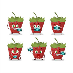 Photographer profession emoticon with raspberry cartoon character