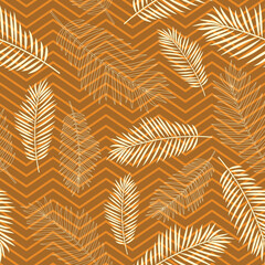 Seamless tropics background. Tropical leaves on a background of zigzag lines in a fashionable mustard color. Vector illustration for design and web.