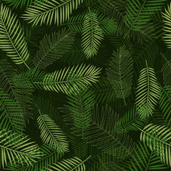 Naklejka na ściany i meble Seamless tropics background. Tropical leaves in a classic green color. Vector illustration for design and web.