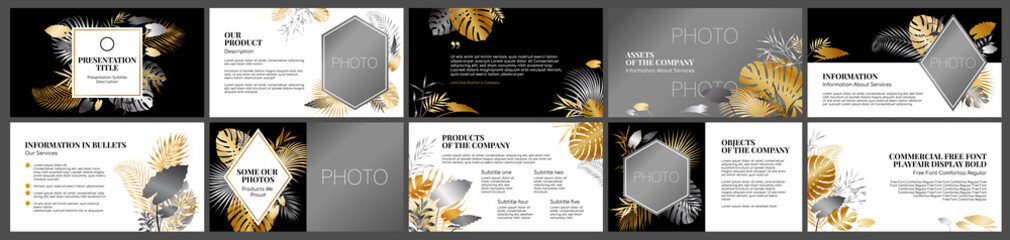 Presentation template, floral tropic leaves. For Power Point, ppt, or Keynote layout. Vector infographic. Business presentation or proposal, leaflet, booklet