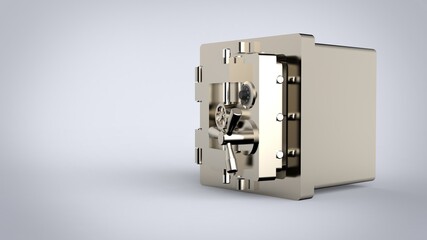 Vintage open iron steel style safe strongbox for coin, monye, gold or deposit with padlock isolated on solid background and ready to cut out with empty place for text 3D rendering image