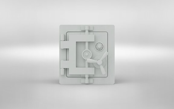 Front view of white color closed safe box with combination padlock closeup isolated on white solid white background ready to cut out 3r rendering image