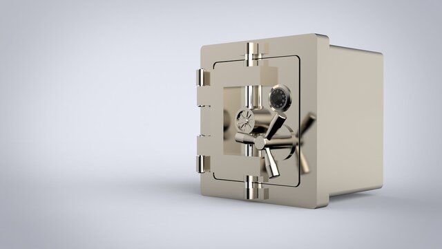 Vintage closed iron steel style safe strongbox for coin, monye, gold or deposit with padlock isolated on solid background and ready to cut out with empty place for text 3D rendering image