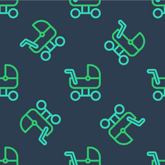 Line Baby stroller icon isolated seamless pattern on blue background. Baby carriage, buggy, pram, stroller, wheel. Vector