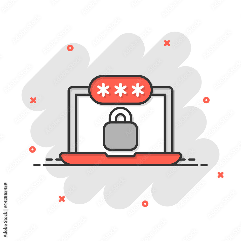 Poster laptop with password icon in flat style. computer access vector illustration on white isolated backg