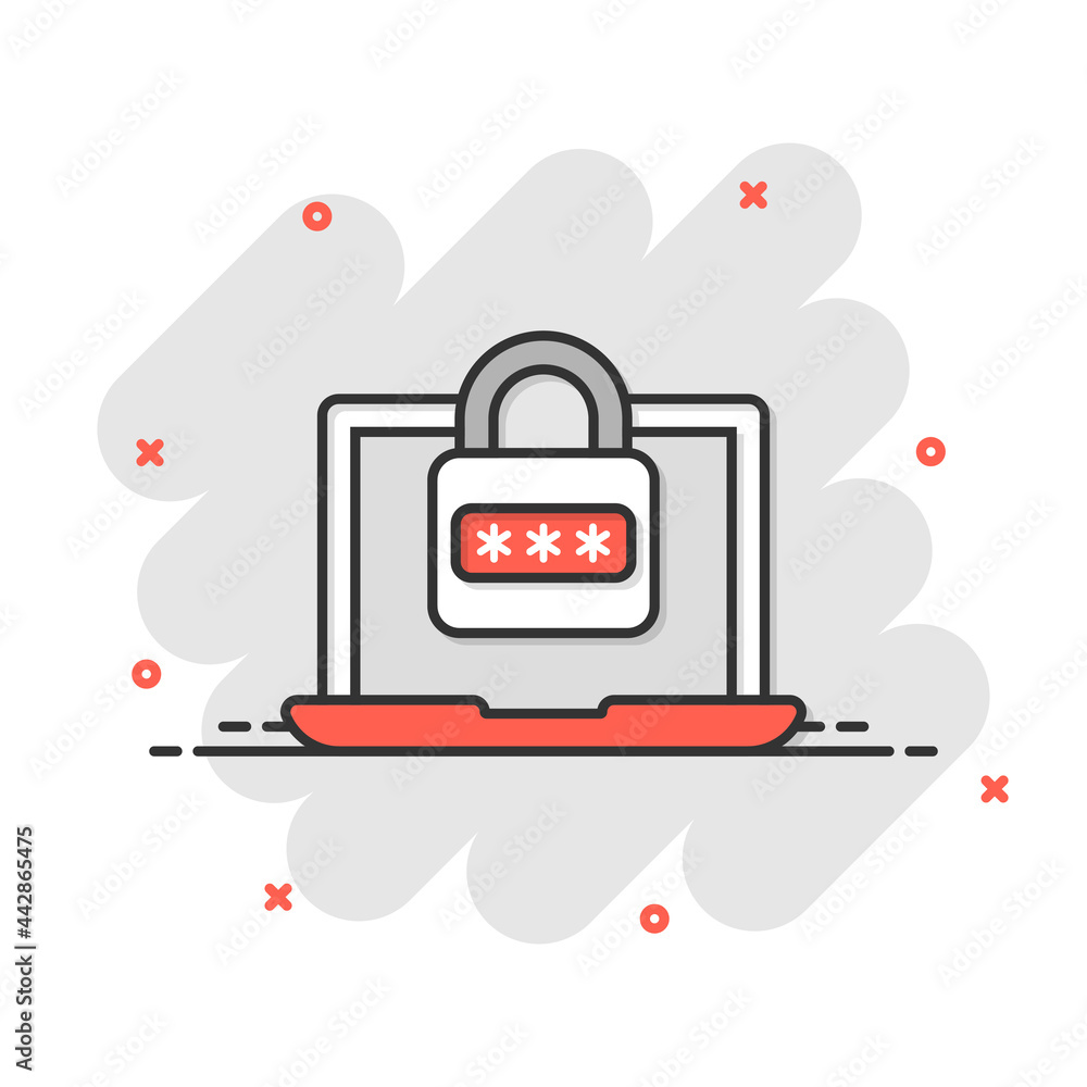 Poster laptop with password icon in flat style. computer access vector illustration on white isolated backg