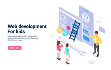 Web development for kids. Concept. Isometric vector illustration, isolated on white background.