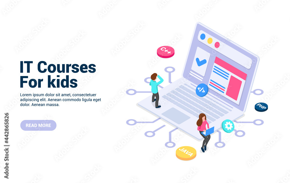 Wall mural concept of it courses for kids. web development, programming languages, internet security. vector il
