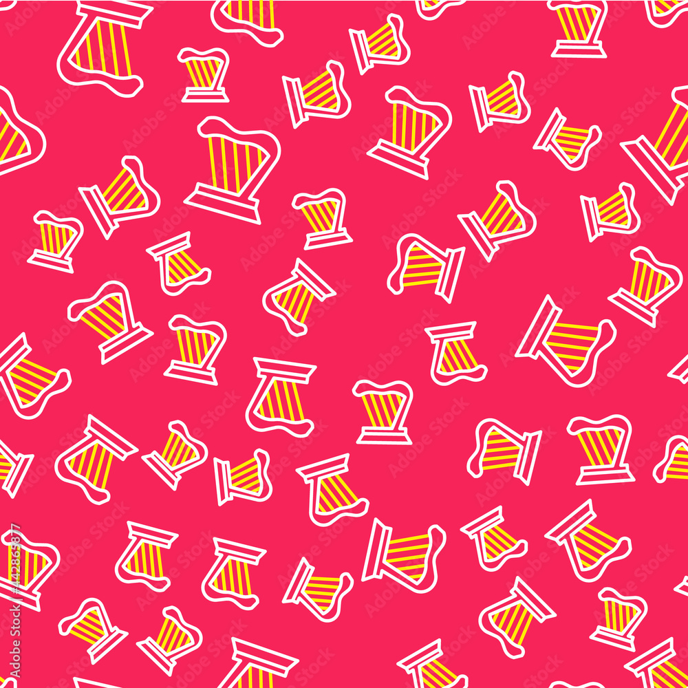 Poster line harp icon isolated seamless pattern on red background. classical music instrument, orhestra str