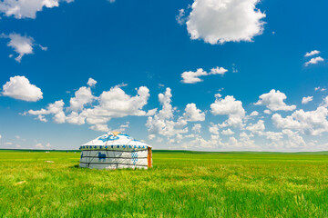 The traditional Mongolian tents on the Hulunbuir grassland in Inner Mongolia, China.
