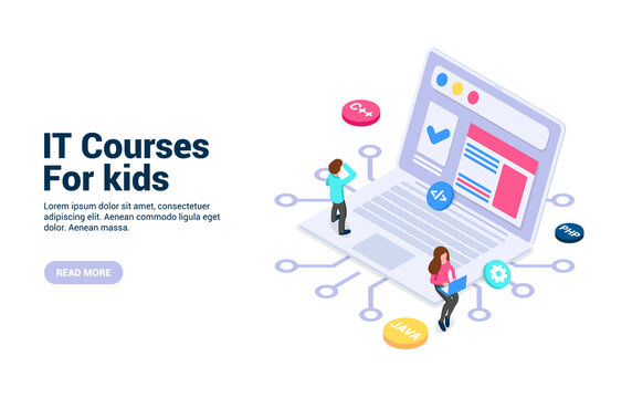 Concept of IT courses for kids. Web development, programming languages, Internet security. Vector illustration in isometric style isolated on white background