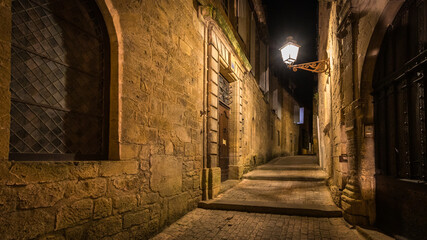 Beautiful old village of Sarlat la Caneda at night in France