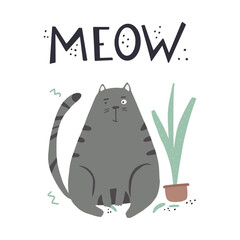Guilty cat color flat hand drawn vector character.Quote meow handwritten letters. Cute, mischievous kitten plays with a houseplant clipart.