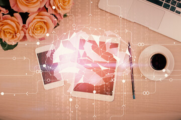 Double exposure of brain drawing over work table desktop. Top view. Global data analysis concept.