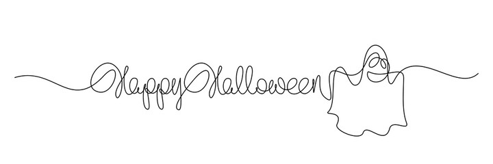 Happy Halloween handwritten lettering with funny ghost symbol. Continuous line drawing text for greeting card, banner, poster design. Vector illustration