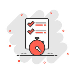Document witch clock icon in flat style. Checklist survey vector illustration on white isolated background. Fast service business concept.