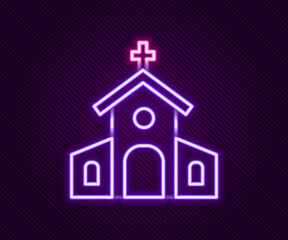 Glowing neon line Church building icon isolated on black background. Christian Church. Religion of church. Colorful outline concept. Vector