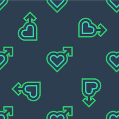 Line Heart with male gender symbol icon isolated seamless pattern on blue background. Vector