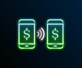 Glowing neon line Money payment transfer in mobile icon isolated on black background. Concept of fast pay by purchase. Sending and receiving money. Colorful outline concept. Vector