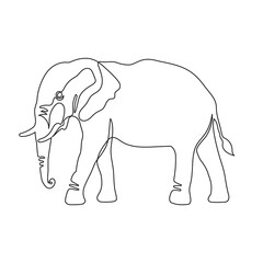 Black single one line drawing of the Elephant isolated on white background. One line art design. Vector illustration for postcard, banner, decor, design, arts, web, advirtising, articles.