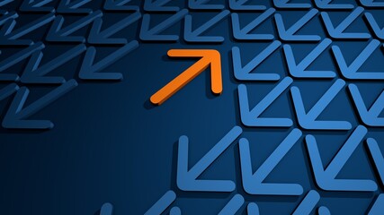 Outsider fights against the current. Abstract opposition visualization with arrows in different directions. 3D rendering 