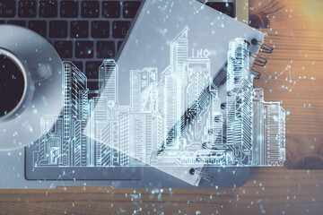 Double exposure of city drawing and work table top veiw. Concept of tech in live.