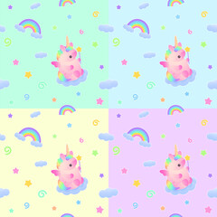 Obraz premium Seamless pattern with cute plump pink unicorn, rainbow and cloud with stars around. Holiday, birthday illustration for greeting card, banner, party on green, blue, yellow, purple background.