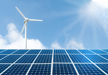 panoramic - Solar panels with wind turbines.