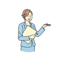 書類を持つビジネスマン、女性、案内、こちら、説明する