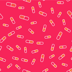 Line Vitamin complex of pill capsule icon isolated seamless pattern on red background. Healthy lifestyle. Vector