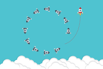 Different Approach - Different Direction. Group of rockets flying in one direction and with one individual flying in the different way, can be used leadership/individuality concepts.	