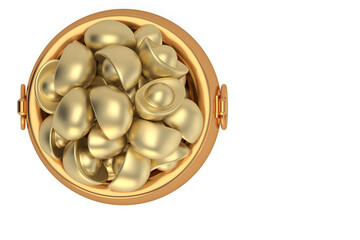 Gold Pot and Ancient China gold Ingots isolated on white background. 3D rendering. 3D illustration.