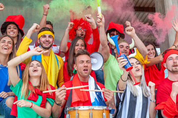 group of fans dressed in various colors watching a sports event