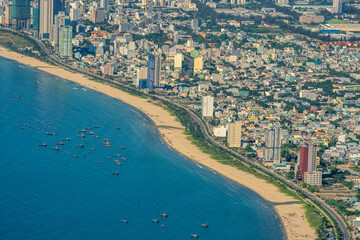 Aerial view of Da Nang city, Vietnam. Cityscape view at Son Tra peninsula