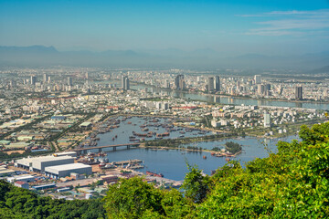 Obraz na płótnie Canvas Aerial view of Da Nang city, Vietnam. Cityscape view at Son Tra peninsula. Vung Thung port