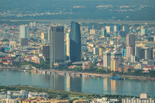 Aerial view of Da Nang city, Vietnam. Cityscape view at Son Tra peninsula