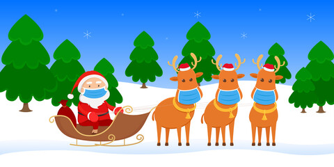 Santa Claus in mask riding on reindeer sledge. Vector illustration.