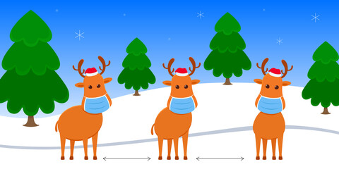 Social distancing. Reindeers in masks. Vector illustration.