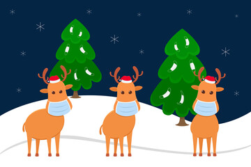 Reindeers in face masks. Vector illustration.