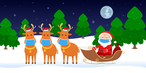 Obraz na płótnie Canvas Santa Claus in mask on reindeer sledge. Vector illustration.