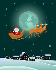 Santa Claus in medical mask flying on reindeer sledge. Cartoon style. Vector illustration.