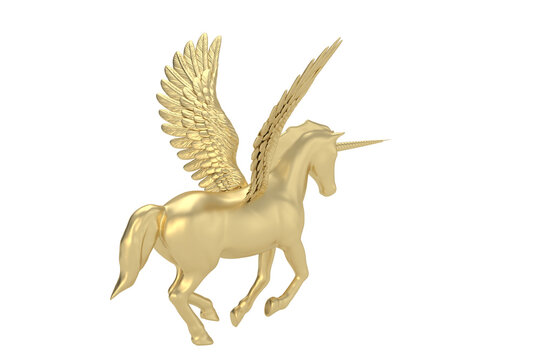 Gold unicorn isolated on white background. 3D illustration.