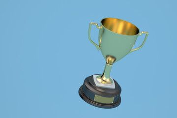 Gold trophy cup on blue background. 3D illustration. 3d Rendering.