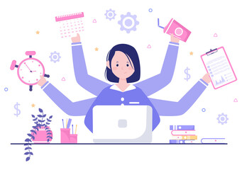 Multitasking Business Woman Or Office Worker as Secretary Surrounded By Hands With Holding Every Job In The Workplace. Vector Illustration - obrazy, fototapety, plakaty