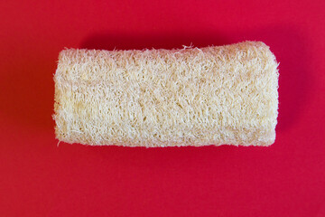 Natural environmental loofah designed for the body, lies on red background.