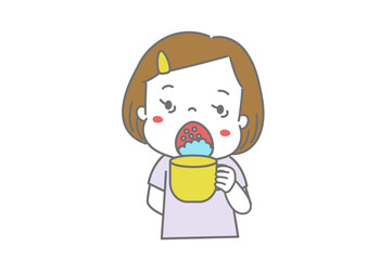 コップをもってガラガラうがいをする女の子