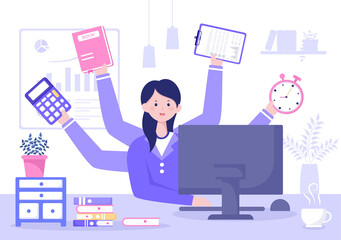 Multitasking Business Woman Or Office Worker as Secretary Surrounded By Hands With Holding Every Job In The Workplace. Vector Illustration - obrazy, fototapety, plakaty