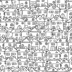 House doodle pattern, village vector illustration. Seamless texture in black and white colors