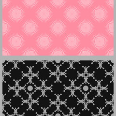 Abstract background patterns with decorative elements. Set. Used colors: pink, black, gray, wallpaper. Seamless pattern, texture. Vector image